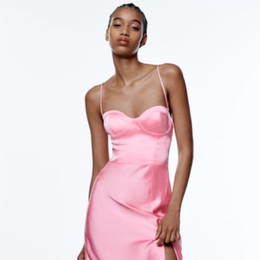 ZARA Pink Satin Cami Dress. Spaghetti strap, beautiful backless, with a slit.